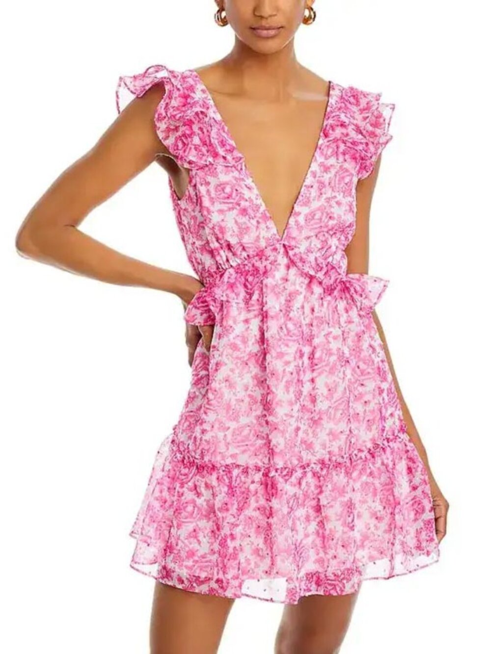 Aqua Pink Floral Ruffle Trim Mini Dress, NWT - Women's Size Large